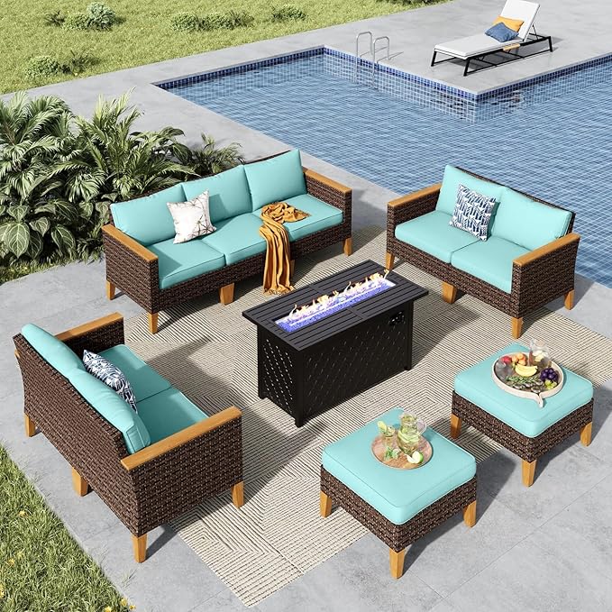 MFSTUDIO 9 Piece Wicker Patio Furniture Set with Fire Pit Table, 2 x Loveseat Sofa, 2 x Ottoman, 3-Seat Sofa, All-Weather Outdoor PE Rattan Patio Conversation Set for Garden(Aqua Blue Cushions)