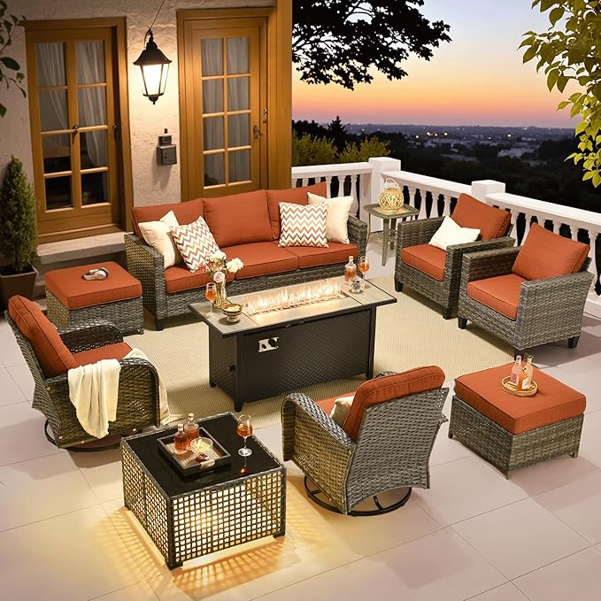 ovios 10 Pieces Patio Furniture Set, Outdoor Wicker Sofa Couch with Rocking Swivel Chairs Solar Light Table Fire Pit, Modern Deep Seat Rattan Conversation Sets, Orange Red
