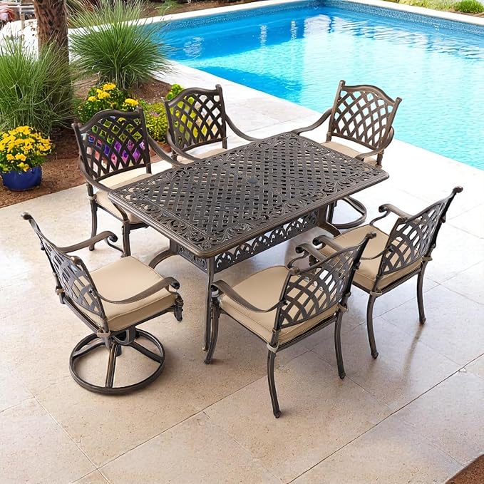 7 Piece Outdoor Dining Set Cast Aluminum Furniture Set, Retro Patio Dining Set for 6 includes 59” Table & 4 Stackable Chairs & 2 Swivel Chairs with Cushions and 2" Umbrella Hole for Patio Deck Garden