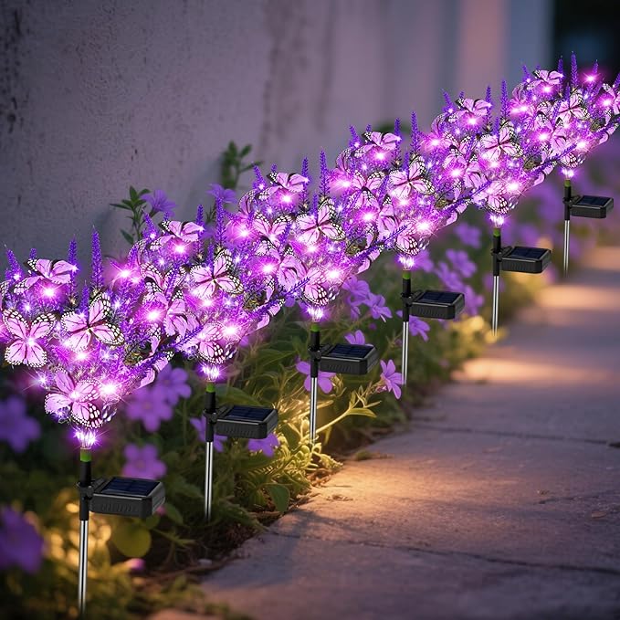 NBQQ Solar Garden Lights Outdoor 6 Pack Lavender Butterfly Lights, Solar Artificial Flower Outdoor Waterproof Decoration Gardening Gifts for Women, Yard Patio Pathway Lawn Courtyard Decoration
