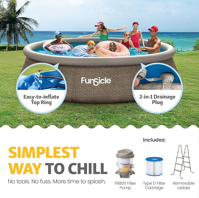Funsicle Quickset Designer 14' x 36" Round Above Ground Swimming Pool, with FiltraBoost 800 GPH Filter Pump, Ladder, Type D Filter Cartridge & Repair Patch, Triple Basketweave
