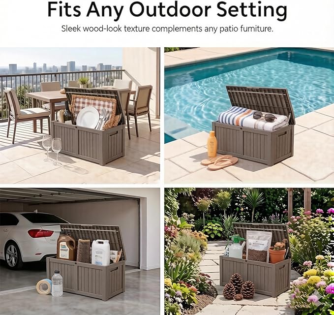 149 Gallon Resin Outdoor Storage Box, Waterproof Deck Box with Lockable Lid, Outside Storage Box for Patio Furniture, Pool Accessories, Garden Tools, Storage Bench for Backyard, Porch, Gray Brown