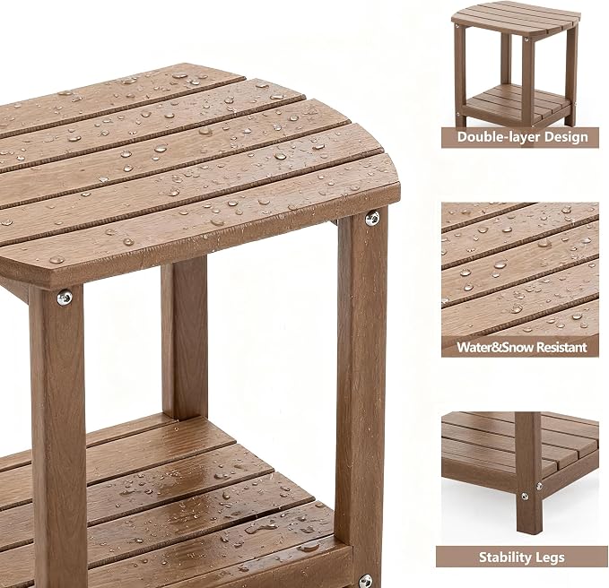Adirondack Small Outdoor Side Table - Weatherproof HDPE Patio End Table with 2-Tier Storage for Firepit, Balcony, Garden, Poolside or Bathroom (Brown, Set of 2)