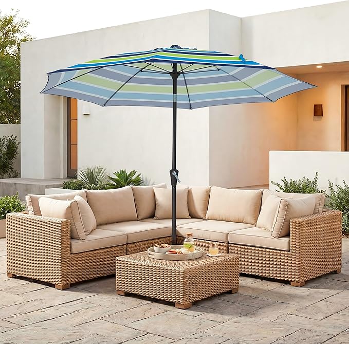JEAREY 9FT Outdoor Patio Umbrella,Market Table Umbrella with 8 Fiberglass Ribs, Pool Umbrella with Tilt and Crank, UV Protection Lightweight & Wind-Resistant for Lawn, Garden, Deck and Backyard, Blue-Green Stripe
