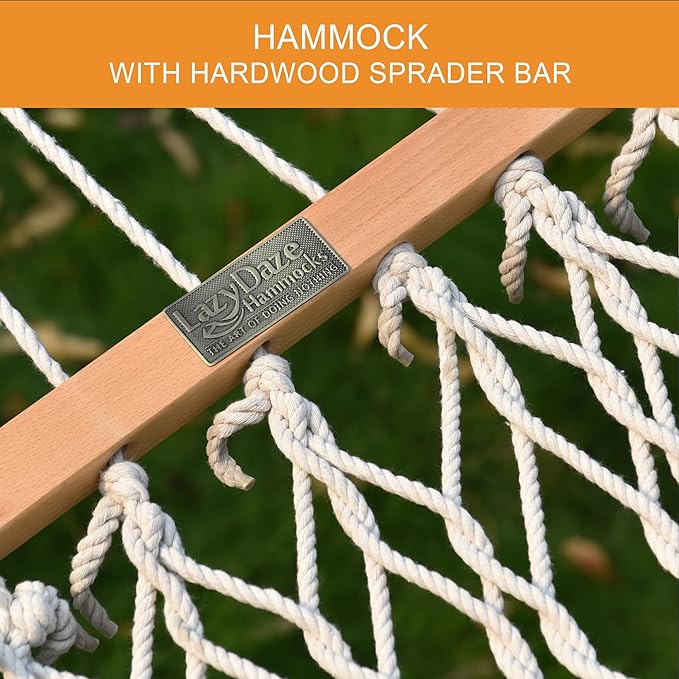 Lazy Daze Hammocks 12 FT Double Rope Hammock and 13 FT Brown Wooden Arc Stand, 2 Person Hand Woven Cotton Hammock with Spreader Bar for Outdoor Patio Poolside, 450 lbs Capacity, Natural