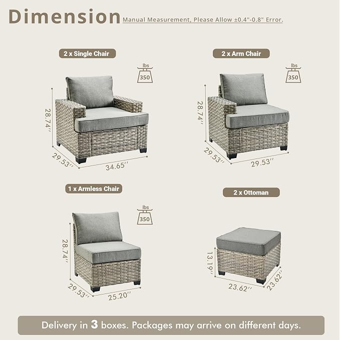 Weaxty 7 Pieces Outdoor Furniture Set, Patio Sectional Sofa Wide Seats Couch Chair with Ottoman, Thick Cushion All-Weather Rattan Patio Conversation Sets for Backyard Porch Balcony, Dark Gray
