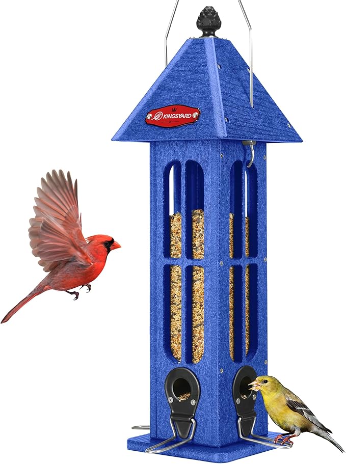 Kingsyard Rainproof Bird Feeder for Outdoor Hanging, Recycled Plastic Wild Bird Feeder with 4 Metal Ports, 3 lbs Large Capacity, Garden Yard Decorations for Bluebird Finches, Blue