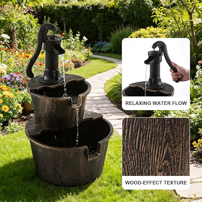 2-Tier Barrel Waterfall Fountain,27-Inch Plastic Outdoor Water Feature with Pump for Garden,Patio and Backyard