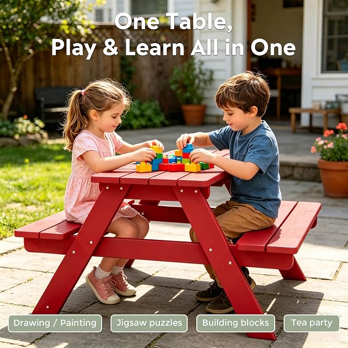 WestinTrends Malibu Outdoor Patio and Indoor Kids HDPE Plastic Picnic Bench Table, Red