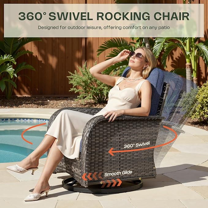 5-Piece Patio Furniture Set, Outdoor Wicker Furniture with Coffee Table, High Back Swivel Rocker Patio Chairs, Modern Rattan Outdoor Chairs Conversation Set for Porch, Balcony, Garden, Denim Blue