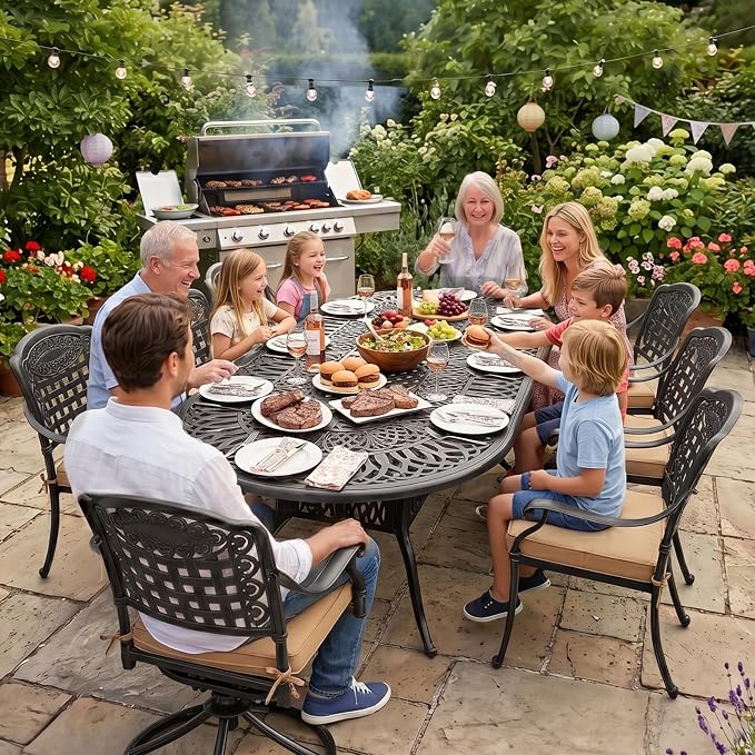 VIVIJASON 9-Piece Patio Furniture Dining Set, All-Weather Cast Aluminum Outdoor Conversation Set, Include 6 Stationary Chairs, 2 Swivel Dining Chairs and an Oval Table with Umbrella Hole