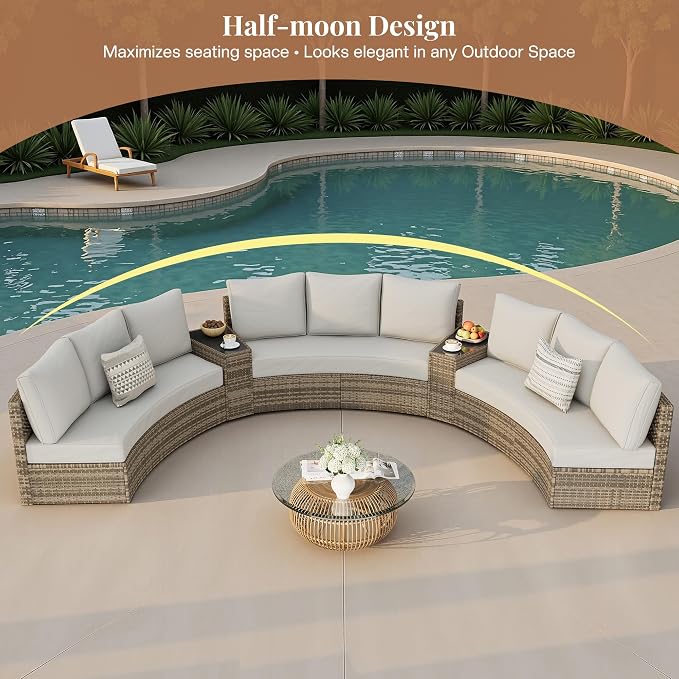 Jocisland 3-Piece All-Weather Wicker Conversation Set, Half-Moon Outdoor Sectional Sofa with Removable Cushions, Rattan Patio Furniture Set for Backyard, Garden & Deck, Beige