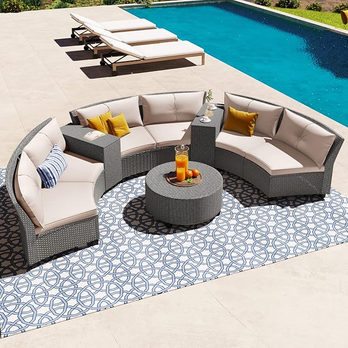 Half-Moon Patio Furniture Sets Outdoor Conversation Set, PE Rattan Sectional Conversation Sofa Set with Thick Cushions and Table for Garden Lawn Pool Backyard, Beige