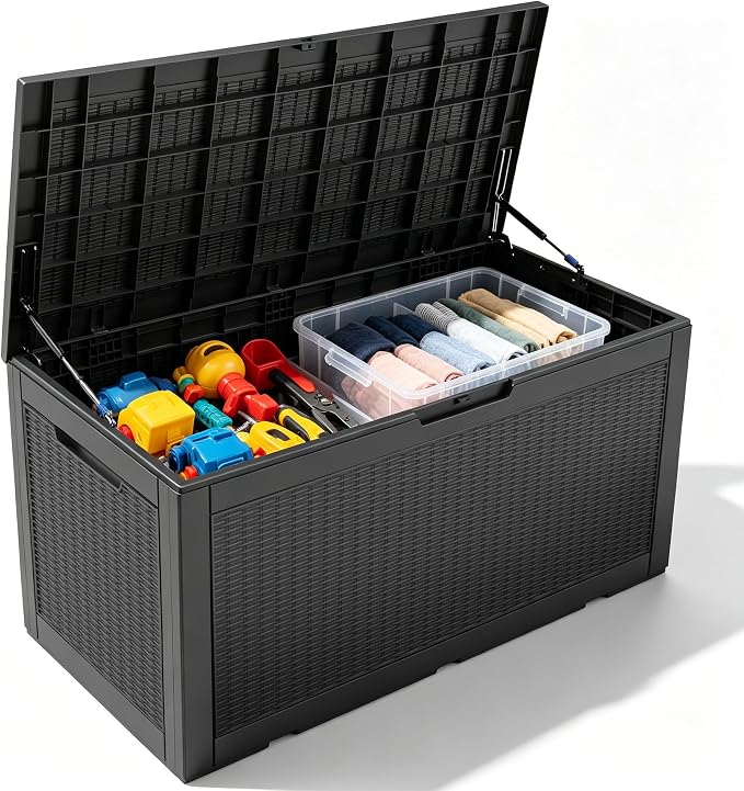 Outdoor Storage Box, 110 Gallon Waterproof Deck Box [Upgraded 3.0], Auto-Open Gas Struts Resin Organizer for Lounger Pillows, Secure Lockable Backyard Storage Bench, Poolside Deck, Black
