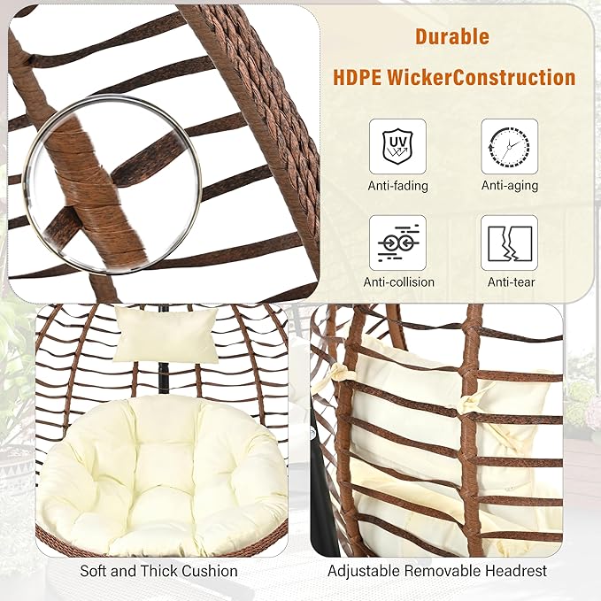 Folding Egg Chair, Outdoor Hanging Hammock Chair with Stand, Patio Wicker Hanging Chair with Iron Frame and Plush Cushion & Removable Headrest for Bedroom, Balcony, Garden (BrownBeige-A)