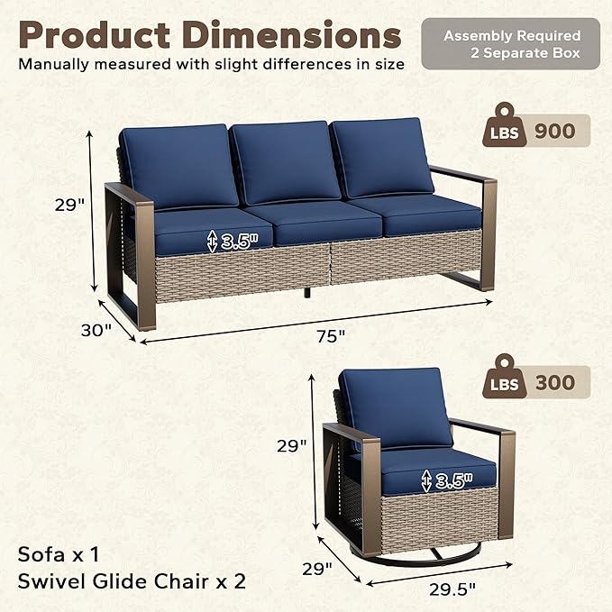 Wicker Patio 75" Sofa Set with 2 Swivel Chairs, All Weather Rattan Outdoor Conversation Furniture Set with Wood-Looking Metal Armrest & Removable Cushions for Backyard Porch, Dark Blue