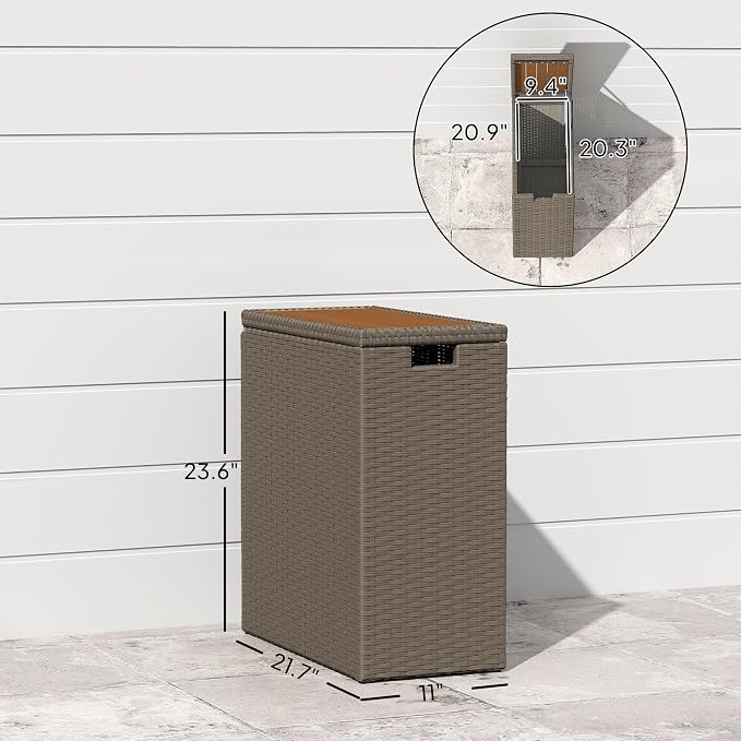 Deck Storage Box, Teak 17-Gallon Wicker Outdoor Storage Bin with Acacia Wood Top, Patio Storage Chest for Cushions Garden Tools Backyard Porch Deck