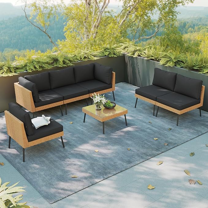 Aoxun Patio Furniture Set, 7 Piece Outdoor Sectional Sofas with Thick Cushion, Wicker Outdoor Patio Furniture Set with Coffee Table for Party, Garden, Backyard, Black