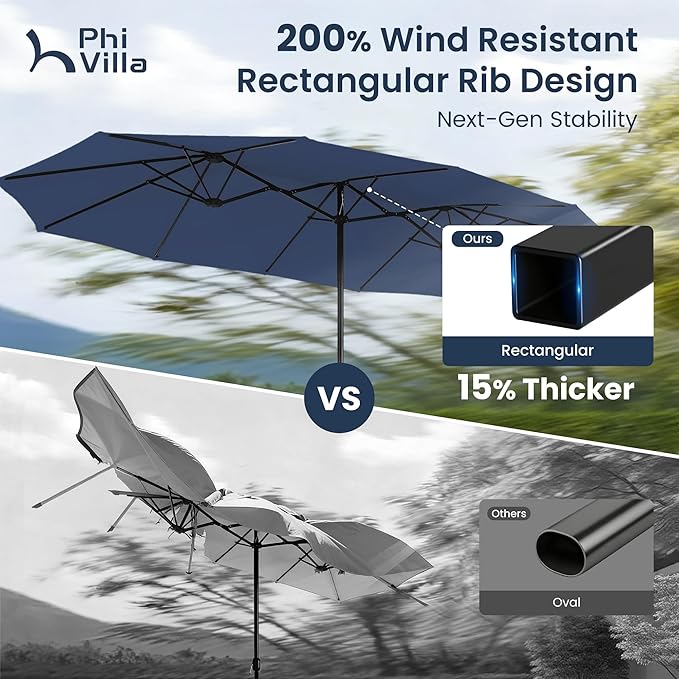 PHI VILLA 13ft Patio Umbrella with Solar-Powered 120 PCS LED Color-Changing Lights, Triple-Head Large Rectangle Umbrella Outdoor Patio for Table with Crank Lift,Navy Blue(No Base)