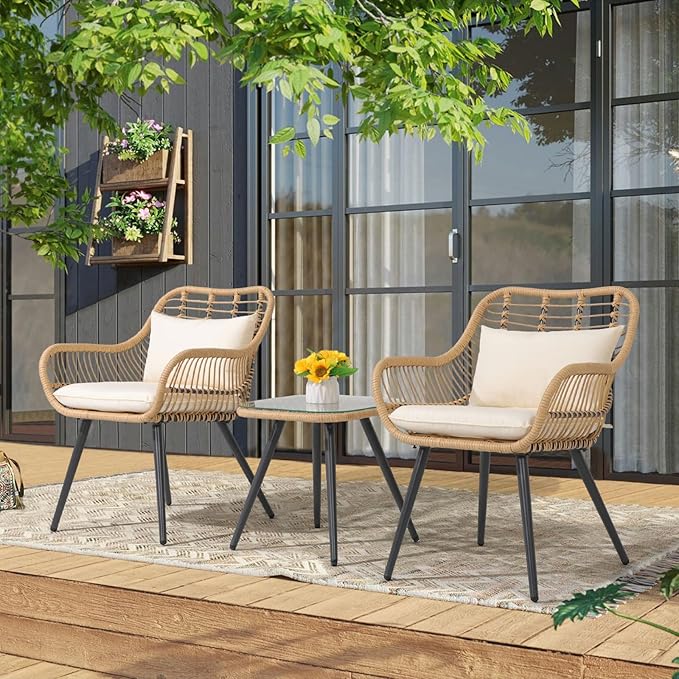 JOIVI 3 Piece Outdoor Wicker Conversation Bistro Set, Patio Furniture Rattan Chairs and Square Side Table Set for Porch, Balcony, Poolside, Yard, White Cushion
