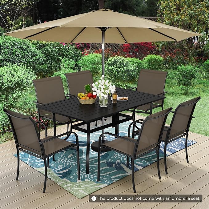 Incbruce 8 Pieces Patio Dining Set with Brown Umbrella, Outdoor Dining Set of 6 Textilene Chairs and Rectangle Table with Umbrella Hole for Backyard, Garden, and Poolside (Brown)