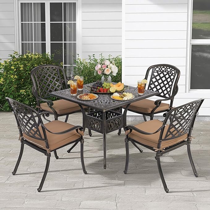 5-Piece Cast Aluminum Outdoor Patio Dining Set, All Weather Cast Aluminum Outdoor Furniture Dining Set for Patio, Balcony, Lawn, Garden, Backyard w/4 Chairs and Cushions, 2.0" Umbrella Hole
