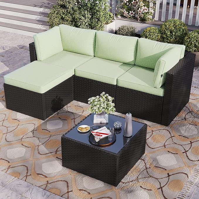 Aoxun Patio Furniture Set 5-Piece, Outdoor Sectional Sofas with Washable Cushion, Wicker Rattan Patio Conversation Sets for Backyard Porch and Poolside, Mint Green