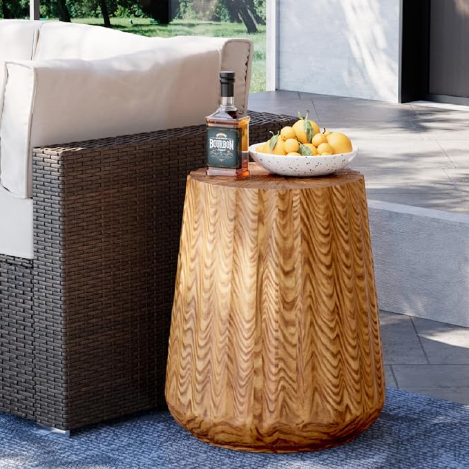 SUNBURY Outdoor Side Table, Stump End Table, Wood Stump Stool Light Oak, Round Concrete Side Table Colored Faux Wood, Ottoman or Plant Stand, Deck or Garden