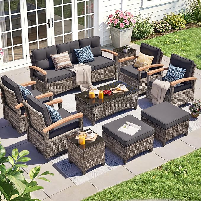 MEISSALIVVE 10 Pieces Patio Furniture Sets,Wicker Patio Conversation Sets with 4 Wood Armrests Swivel Glide Chairs, 2 Ottoman, 3-seat Sofa and Coffee Table (Grey)