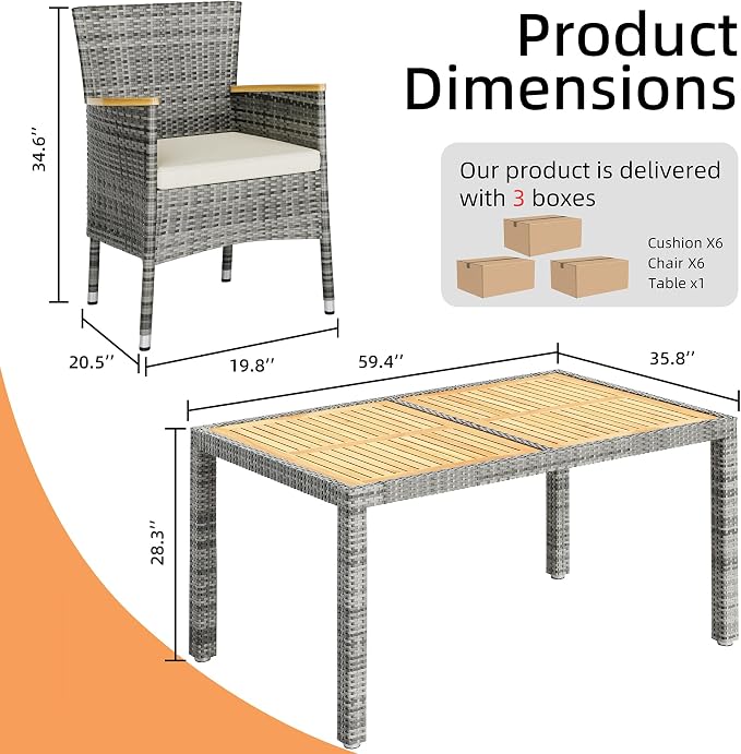 Vongrasig 7 Piece Small Patio Dining Set, Space-Saving Outdoor Wicker Furniture Conversation Set with Wood Table and Cushioned Rattan Chairs for Lawn, Garden, and Backyard (Gray)
