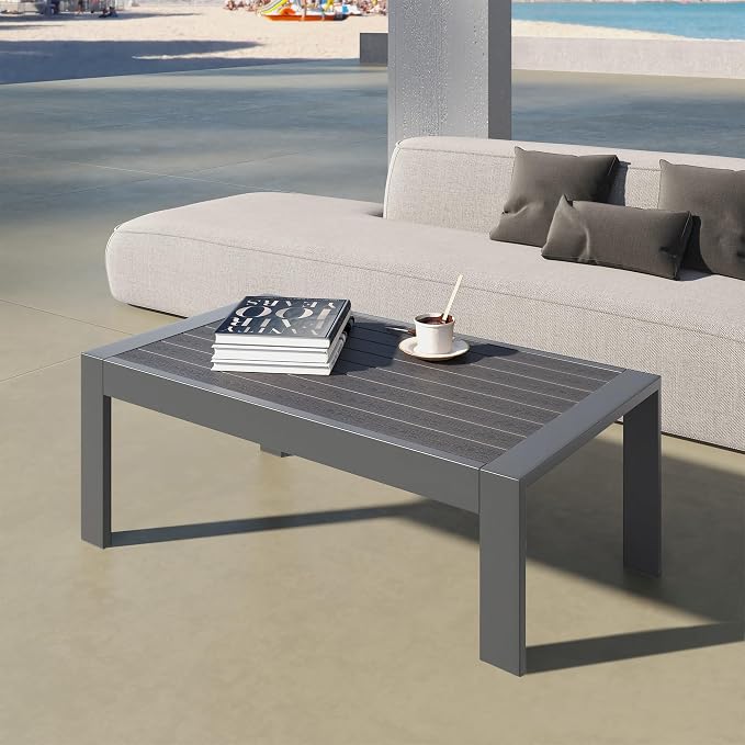 FansaFurn All-Weather Aluminum Outdoor Coffee Table, Modern Rectangle Patio Coffee Table for Balcony Garden, Deep Grey