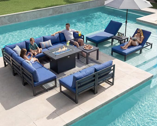 NICESOUL 13 Piece Large Contemporary Aluminum Outdoor Furniture Set with Chaise Lounge & Fire Pit Table, 29" Deep Couch Set, 500 lbs High Weight Capacity Patio Sectional Sofa for Poolside, Navy Blue