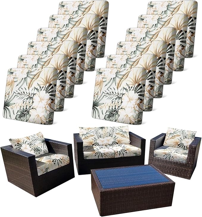 CALBODE 12Pcs Stretch Patio Cushion Cover, Tropical Floral and Leaf Pattern Sofa Covers for Patio Furniture Cushions Washable Reusable Couch Covers Replacement for All Season(Cover Only)