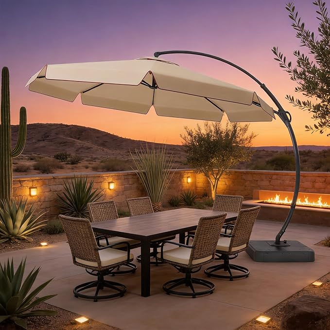 EO Living 11FT Cantilever Patio Umbrella with Base, 360° Rotation Offset Outdoor Umbrella, Heavy Duty Rust-Resistant, UV Protection Waterproof Shade for Backyard, Pool, Garden, Deck (Beige)