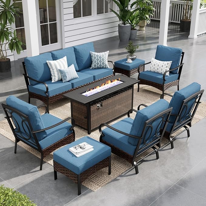 Sophia & William Patio Furniture Set with 56" Fire Pit Table, 9 Seats Metal Frame Outdoor Conversation Sets Wicker Patio Sectional Sofa Set with Ottomans for Porch, Deck, Poolside, Navy