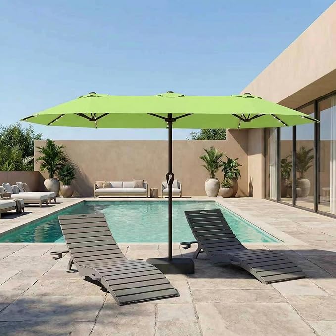 15FT Patio Umbrella with Solar Lights, Double-Sided Extra Large Outdoor Table Umbrella with Base Included, Heavy-Duty 12 Iron Ribs Market Umbrella for Garden, Pool, Backyard, Apple Green
