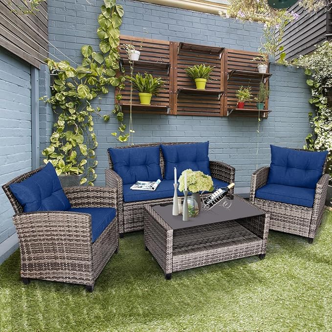 Tangkula 8 PCS Patio Wicker Conversation Furniture Set, Outdoor Rattan Sofa Set with Padded Cushion & Tempered Glass Coffee Table, Wicker Sectional Sofas & Table for Courtyard Balcony Garden (2, Navy)