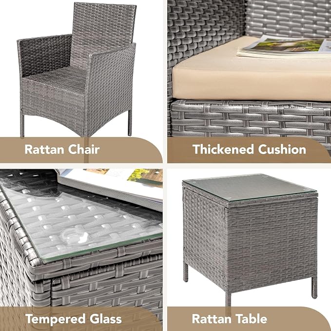 Garvee Patio Conversation Set 3 Piece, Brown Wicker Rattan Outdoor Furniture Set with Cushioned Chairs and Glass Top Coffee Table for Small Patio, Porch, Balcony, Backyard