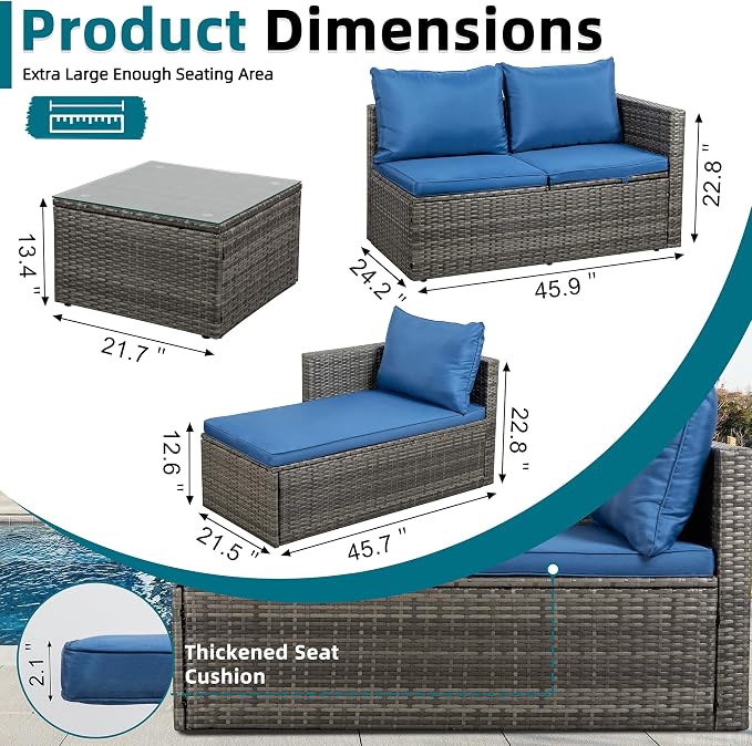 SUNLEI 4-Piece Patio Furniture Set with 43" Propane Fire Pit Table, Outdoor Wicker Sectional Sofa Set, All-Weather Conversation Set for Backyard, Poolside, Garden, Blue Cushions
