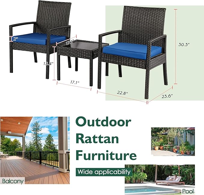 3 Piece Outdoor Patio Furniture Sets, Rattan Conversation Set with Soft Cushion, Wicker Chairs with Coffee Table for Yard Backyard Lawn Porch Poolside Balcony, Blue