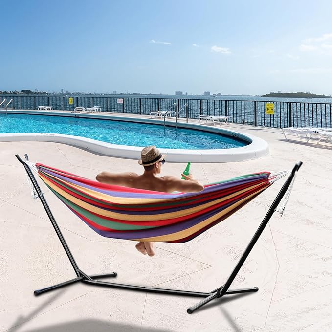 Double Hammock,450lbs Capacity Hammock with Stand Outdoor Two Person Hammock,Hammock Chair with Space Saving Metal Stand,Indoor Hammock Stand with Carrying Bag Strong Load-Bearing Red