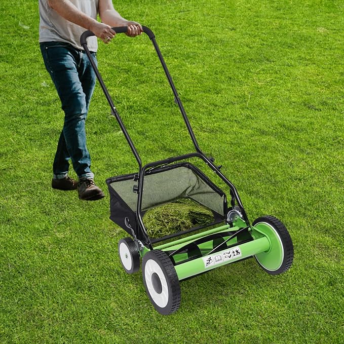 Push Reel Lawn Mower with Grass Catcher, 5-Blade Reel Mower Walk-Behind Mower for Lawn, Lawn Sweeper w/Adjustable Cutting Height, Simple Installation (16 inch)