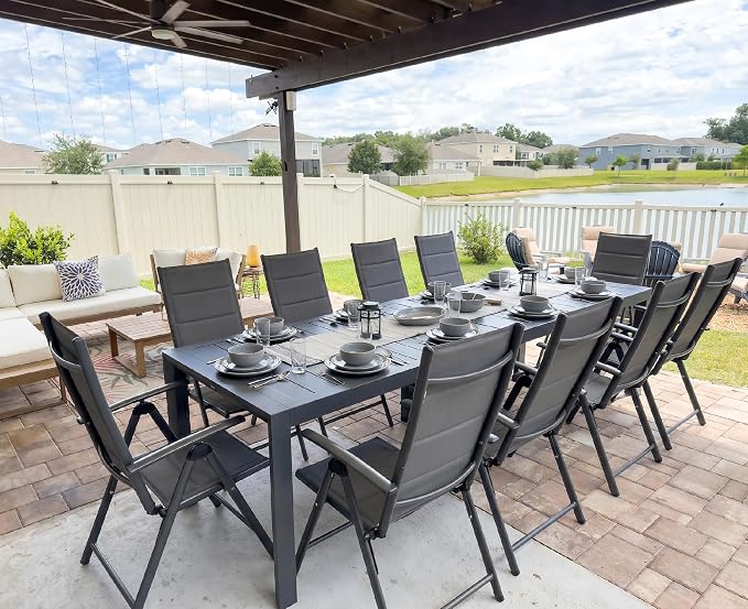 PURPLE LEAF Outdoor Dining Set for 10 Folding Patio Dining Set with Aluminum Rectangular Table and Padded Chairs All Weather Dining Table Sets for Garden Backyard Poolside, Grey