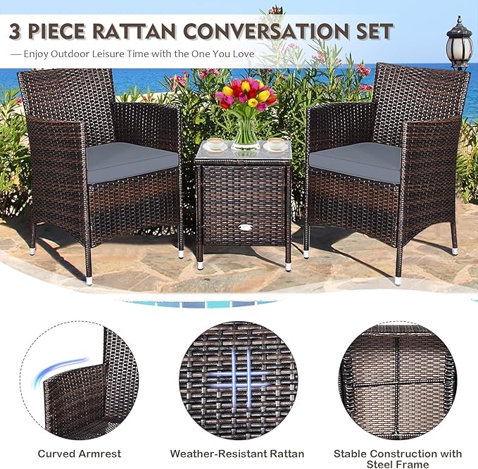 DORTALA 3 Piece PE Rattan Patio Furniture Set, Outdoor Chairs & Table Set with Tempered Glass Top & Cushions, Wicker Conversation Set for Garden Backyard, Grey