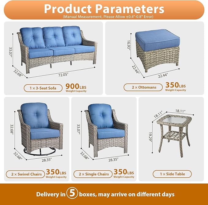 8 PCS Outdoor Patio Furniture Sets,Patio Conversation Sets Outside Rattan Soft Cushion Sofa with 2 Wicker Rocking Chairs Soft Cushion Fit Backyard Porch Garden Poolside Balcony,Diamond Blue