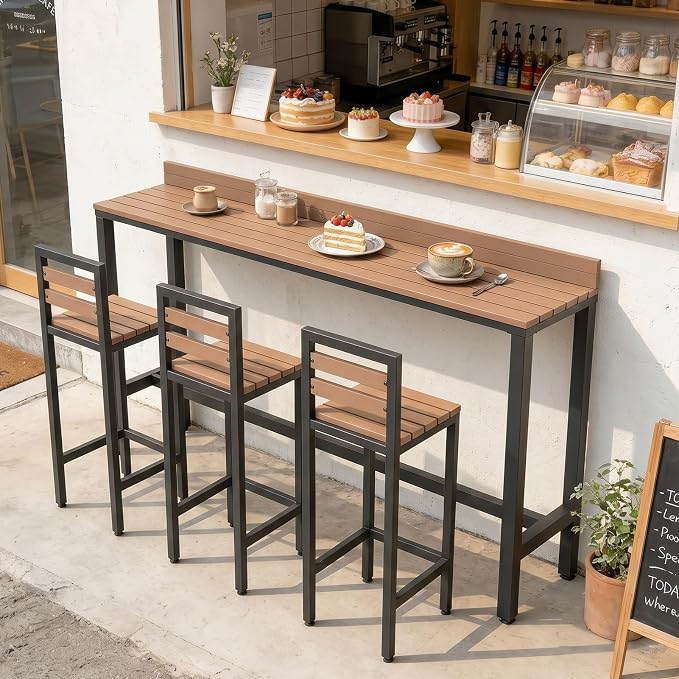 Outdoor Patio Bar Height Table with Baffle, Weather Resistant High Counter Table Porch Pub Tables Wood-Plastic Tabletop, for Poolside Garden Balcony Restaurant Cafe(Black,55.1"x15.7"x40.5")
