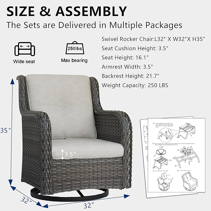 Outdoor Swivel Rocker Patio Chairs Set of 2 - Outdoor Wicker Swivel Glider Chairs 2 Pieces with Olefin Fabric Cushions Suitable for Backyard Deck and Porch(Mixed Grey/Beige)