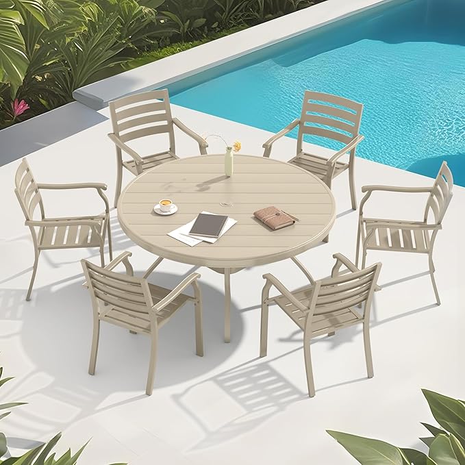 LUMISOL 7-Piece Outdoor Patio Dining Set, 4 Stackable Metal Dining Chairs and 40.6" Round Metal Dining Table, Outdoor Table and Chairs for Lawn Garden Backyard, Sandstone