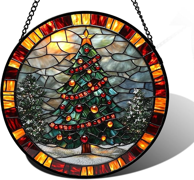DASTOLL Stained Glass Window Hanging - Winter Christmas Tree Suncatcher Ready to Hang Window Doors Home Decoration, Christmas, Mother's Day Birthday Gifts for Women, Men, and Mom 9.8x9.8 in
