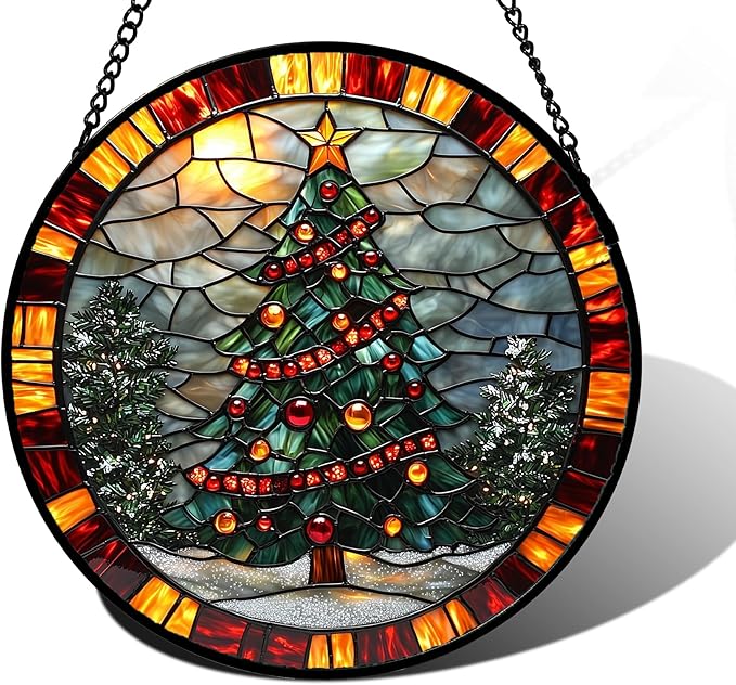 DASTOLL Stained Glass Window Hanging - Winter Christmas Tree Suncatcher Ready to Hang Window Doors Home Decoration, Christmas, Mother's Day Birthday Gifts for Women, Men, and Mom 11.8x11.8 in